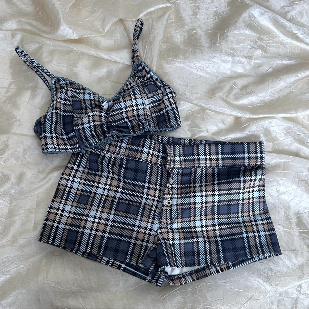 MYMUMMADEIT PLAID BRALETTE & SHORT SET